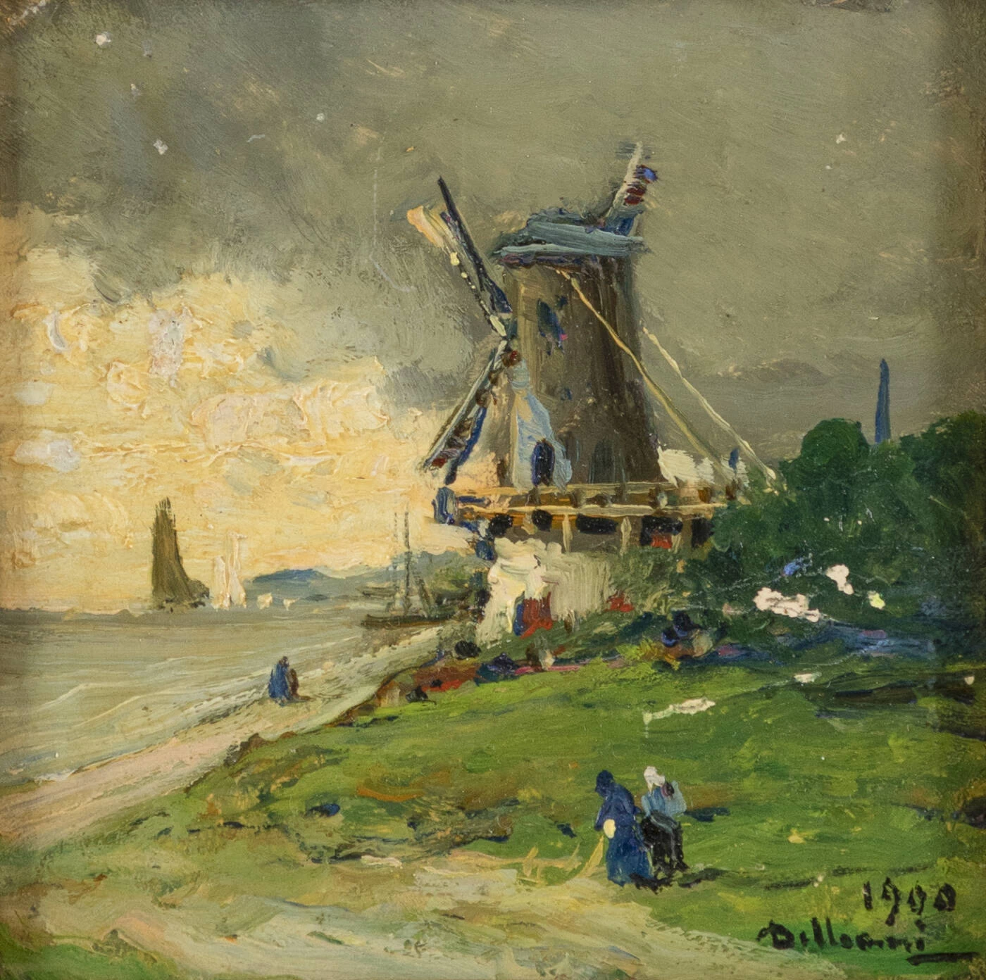 Paesaggio con figure e mulino